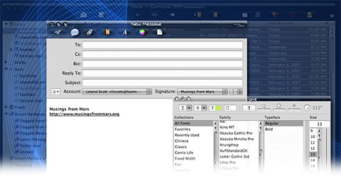 Apple Mail Showing Compose Window and Font Palette Against Dimmed Background Window