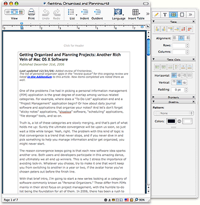 Nisus Writer Express's Main Document Window, Showing Tool Drawer Nisus Writer Express's Main Document Window, Showing Tool Drawer