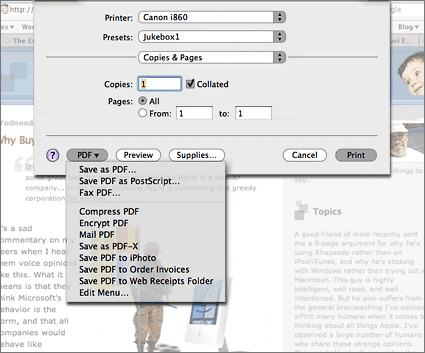 PDF Services menu in Mac OS X Tiger