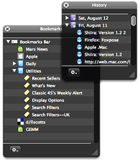 HUD windows used for Bookmarks and History in Shiira 2.0 beta