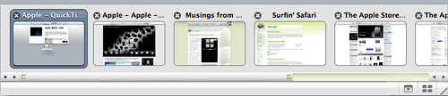 Shiira's Page Dock puts your tabs---as page thumbnails---at the bottom of the browser window. 