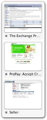 OmniWeb's thumbnail tab bar showing three web pages. OmniWeb appears to capture whitespace margins from the web pages they represent.
