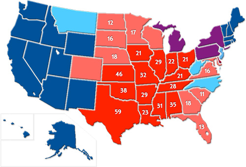 Map 1. Red and Blue States Predicted by Tornado Frequency, 2000-2004