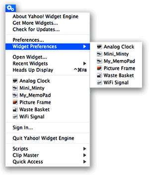 Yahoo Widget Main Menu